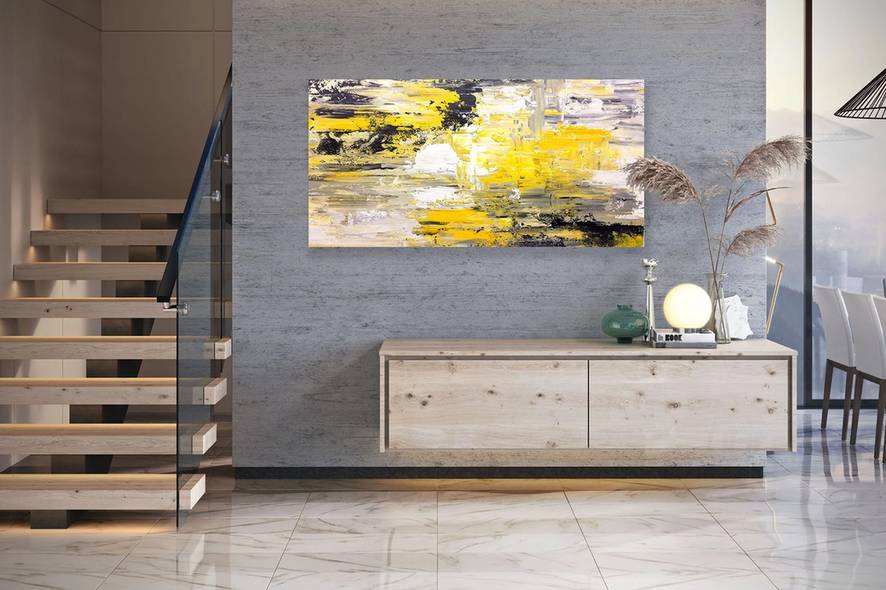 White Hand-Painted Contemporary - oversized boho wall art for living room